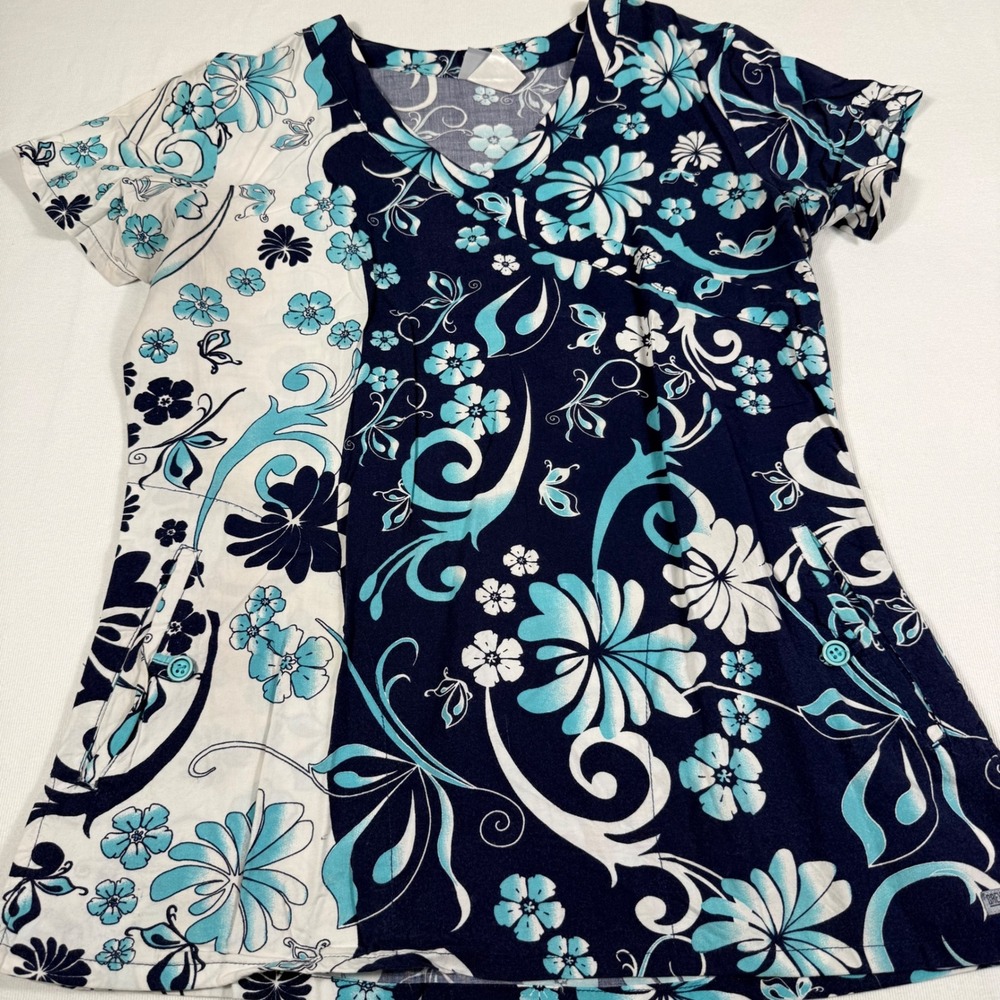 Greys Anatomy Scrub Top M Navy Blue Floral Hibiscus Mock Wrap V-Neck Pockets